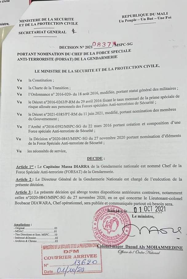 Mali : Nomination du nouveau chef de la Force Spéciale Anti-terroriste ( FORSAT ) de la Gendarmerie,il s’agit du Capitaine Massa Diarra