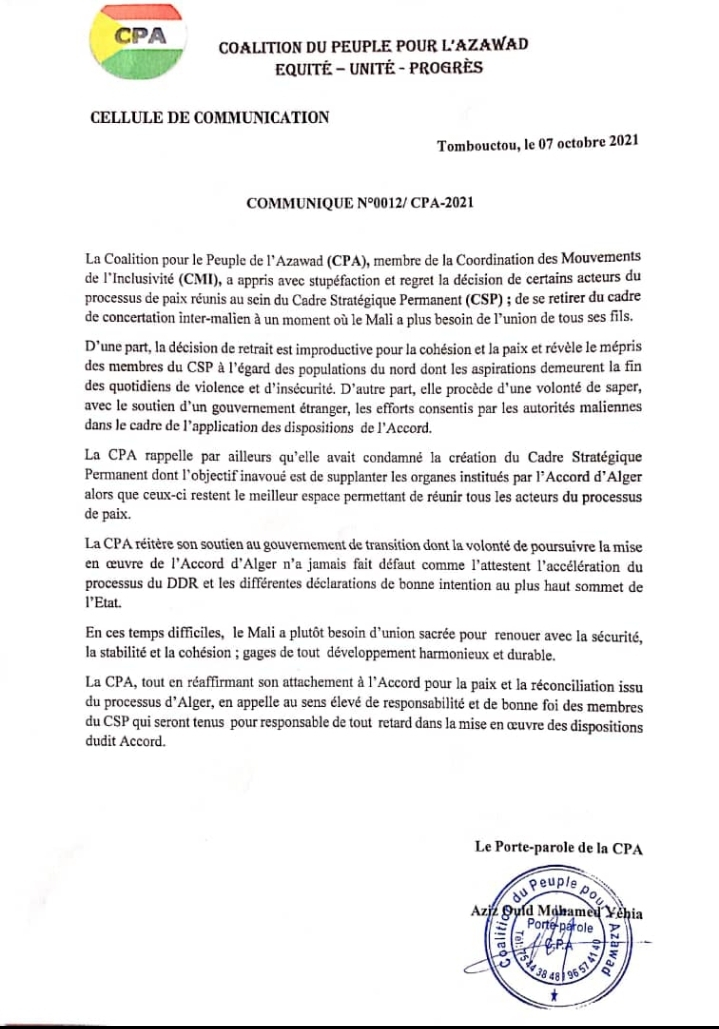 MALI : COMMUNIQUÉ DE LA COALITION DU PEUPLE POUR L’AZAWAD