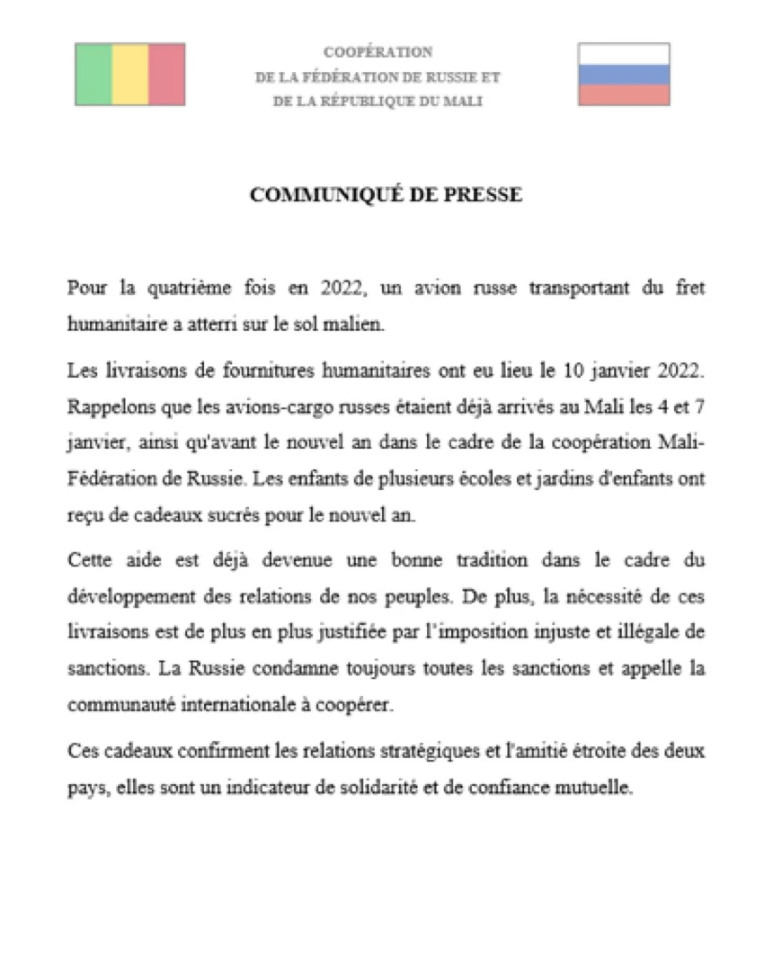 La Russie soutient le Mali par l’envoie des cargaisons non-militaires