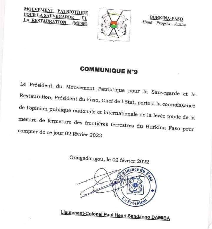 Le Burkina Faso ouvre les frontières